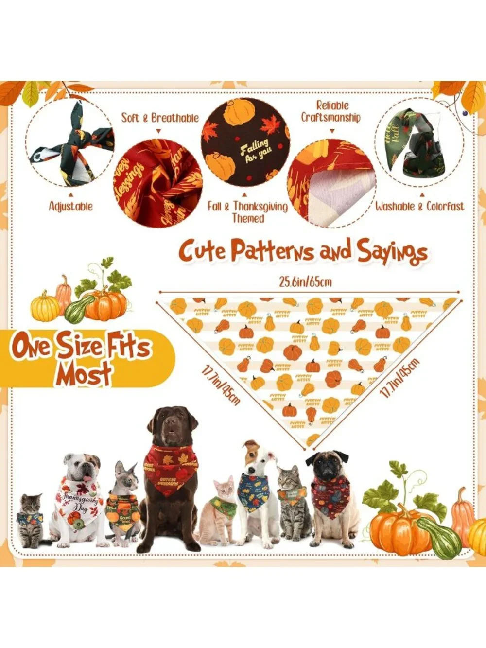 200 Pcs Fall Pumpkins Dog Bandanas | Medium Pet Scarves for Dogs & Cats